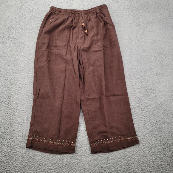 Classic Elements Pants Womens Medium 10/12 Brown Linen Capri Elastic Waist Relax - Picture 1 of 13